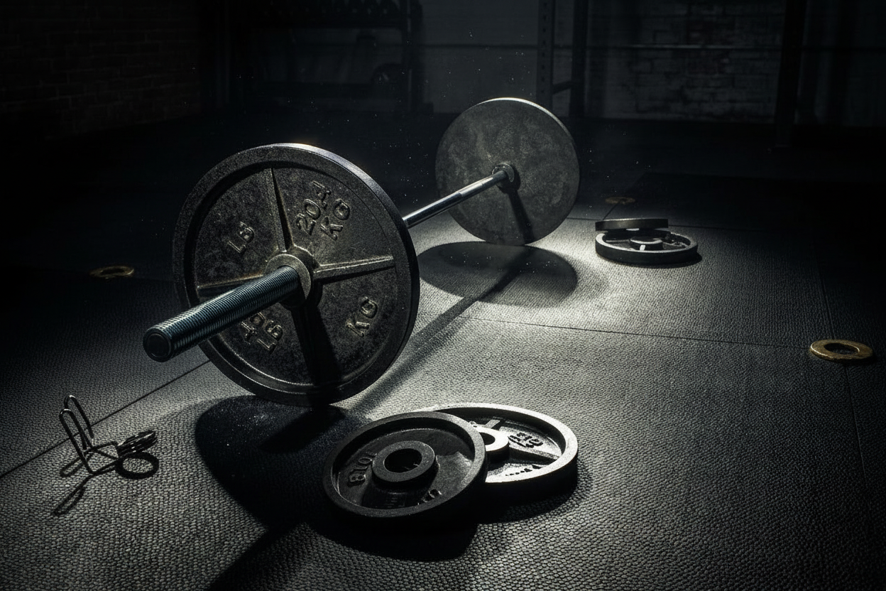 Barbell with weight plates on a dark floor