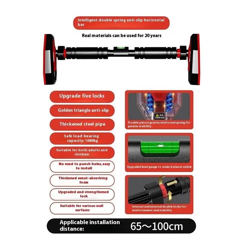Xlyft adjustable home gym pull-up bar with non-slip foam grips, safety locks, and built-in level gauge for doorway use.