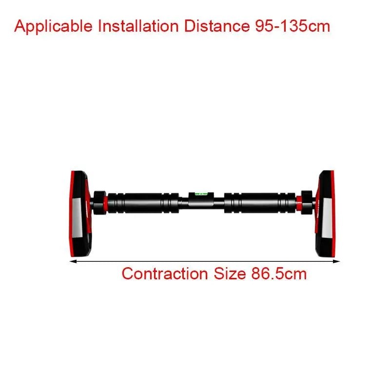 Xlyft adjustable doorway pull-up bar in black and red with non-slip foam grips and security lock mechanism.