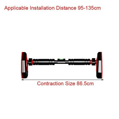 Xlyft adjustable doorway pull-up bar in black and red with non-slip foam grips and security lock mechanism.