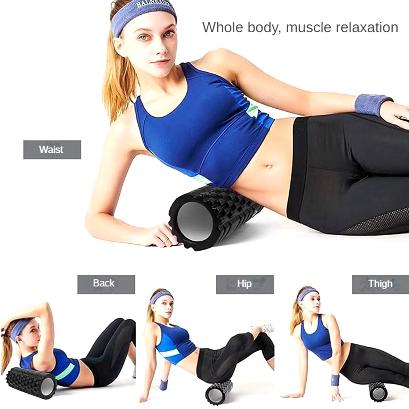 Xlyft black grid foam massage roller used by a woman for back, hip, and thigh muscle relaxation exercises
