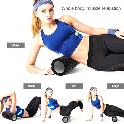 Xlyft black grid foam massage roller used by a woman for back, hip, and thigh muscle relaxation exercises