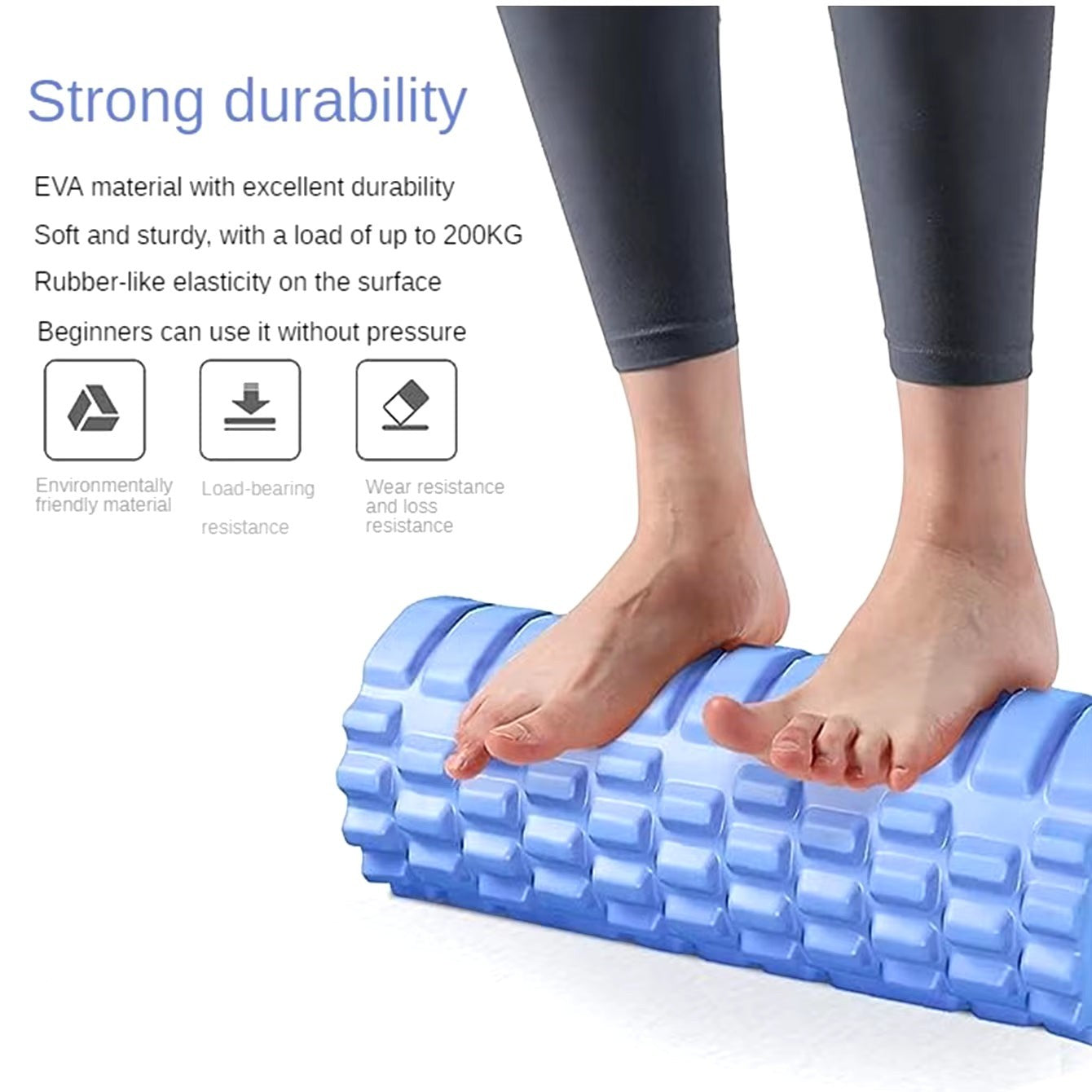 Xlyft blue EVA foam massage roller with grid texture being used by a person standing on it for muscle recovery