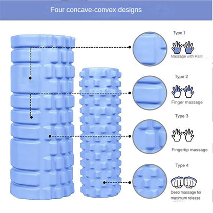Xlyft light blue foam yoga roller with four distinct textured grid patterns for deep tissue muscle massage