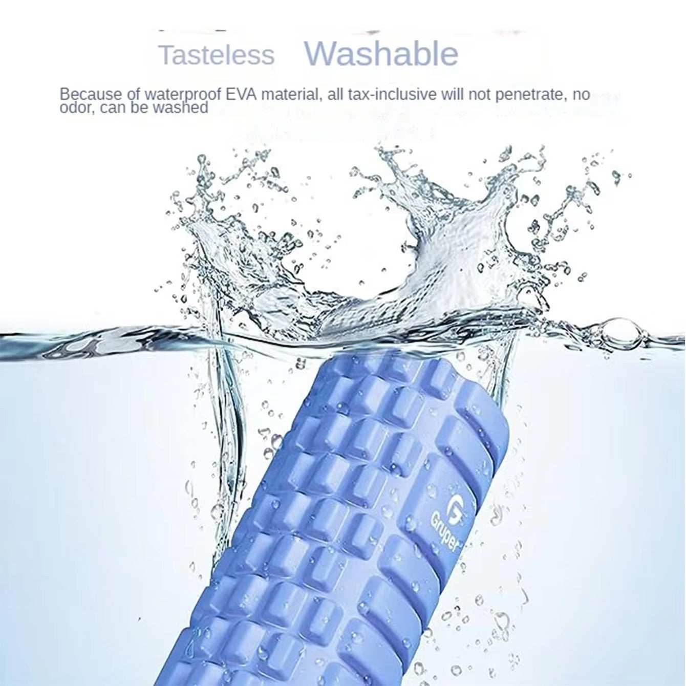 Xlyft blue EVA foam massage roller submerged in water to demonstrate waterproof and washable design