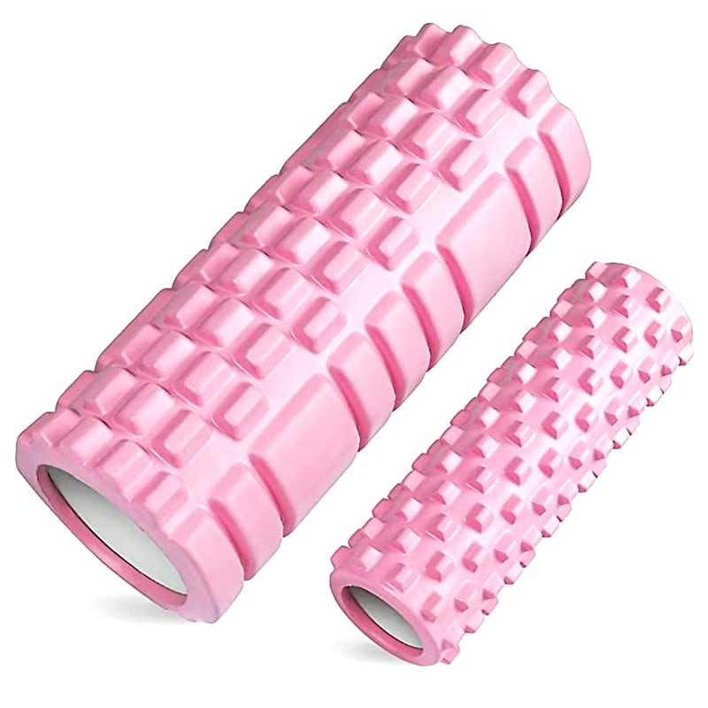 Xlyft pink foam yoga massage rollers with textured grid surface for muscle recovery and back training