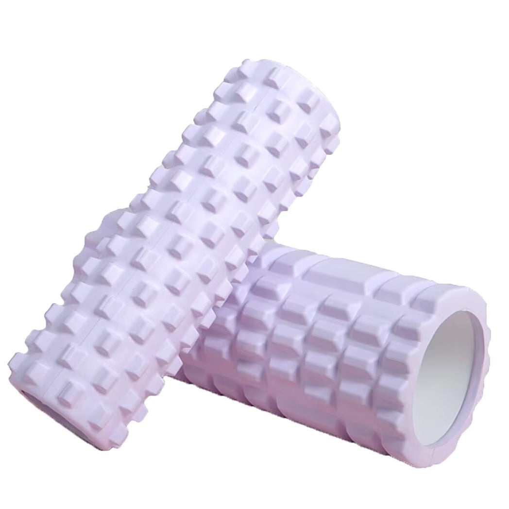 Xlyft light purple foam yoga massage roller with a textured grid surface for muscle recovery and back training